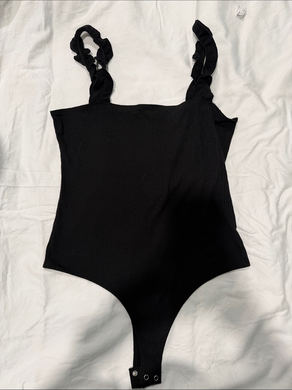 Ruffled-Strap Black Ribbed Bodysuit